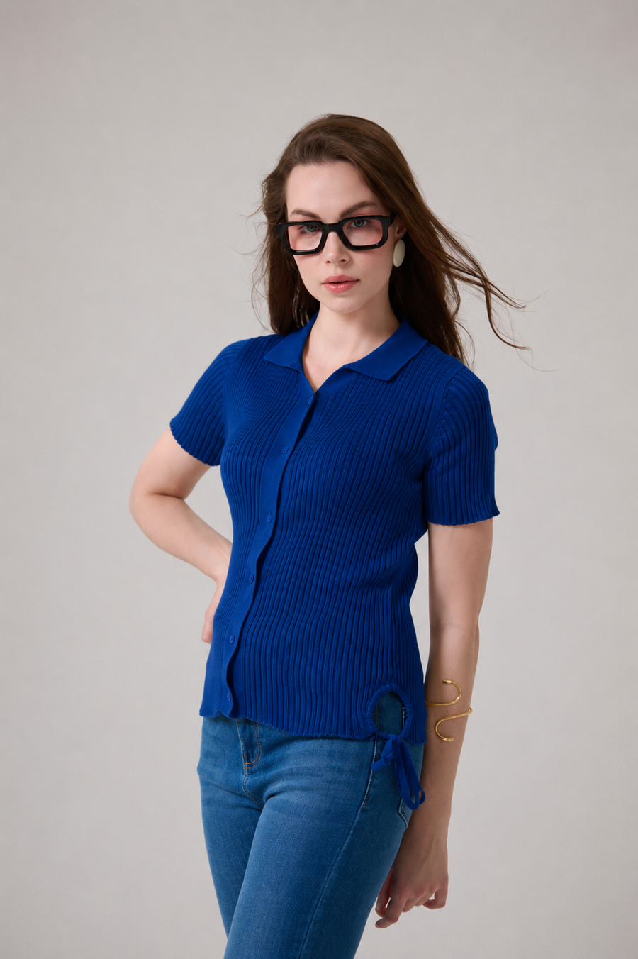 Dark Blue Snatched Waist Knit Top