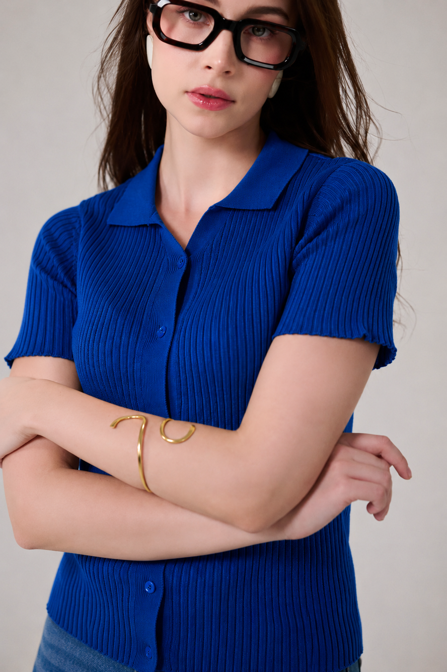 Dark Blue Snatched Waist Knit Top