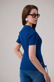 Dark Blue Snatched Waist Knit Top