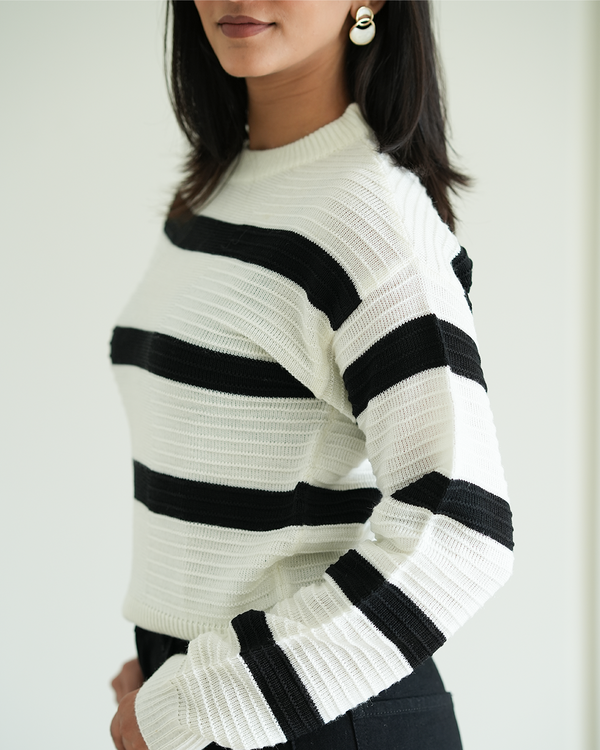 White Self Textured Striped Pullover