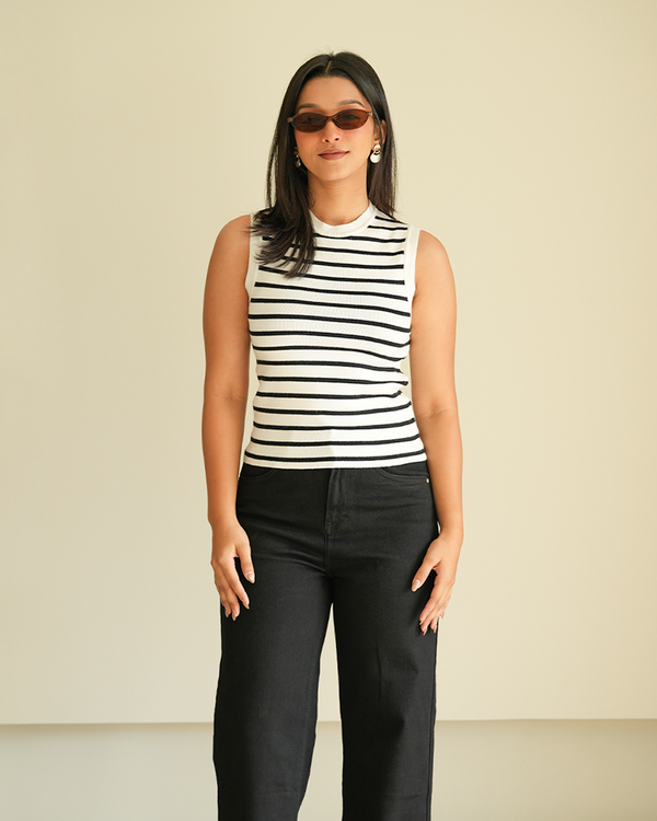 White Knit Stripped Tank Top