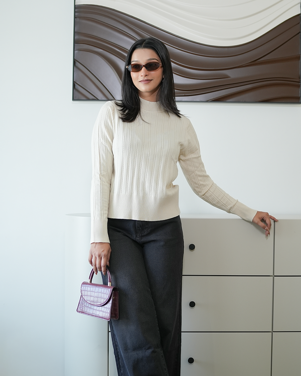 Off White High Neck Knit Pullover