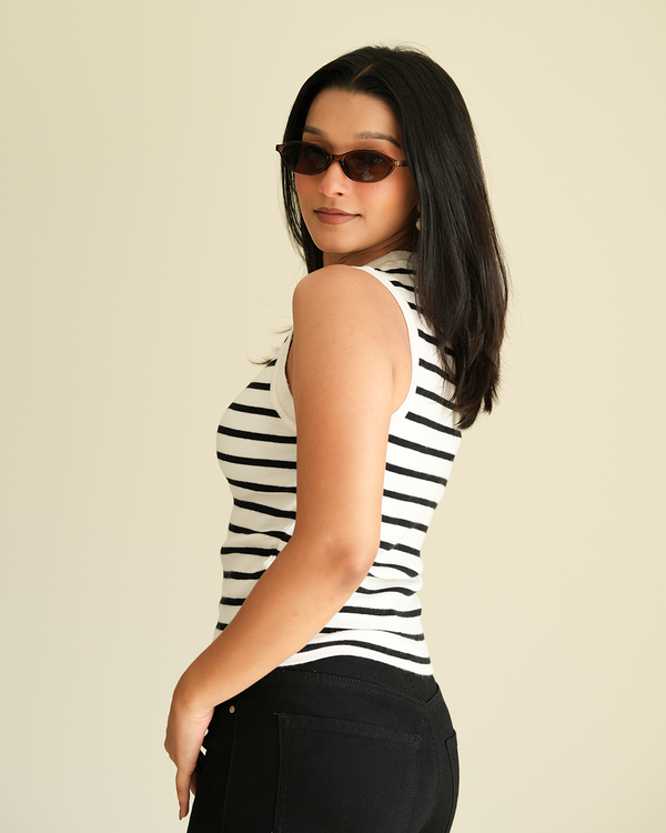 White Knit Stripped Tank Top