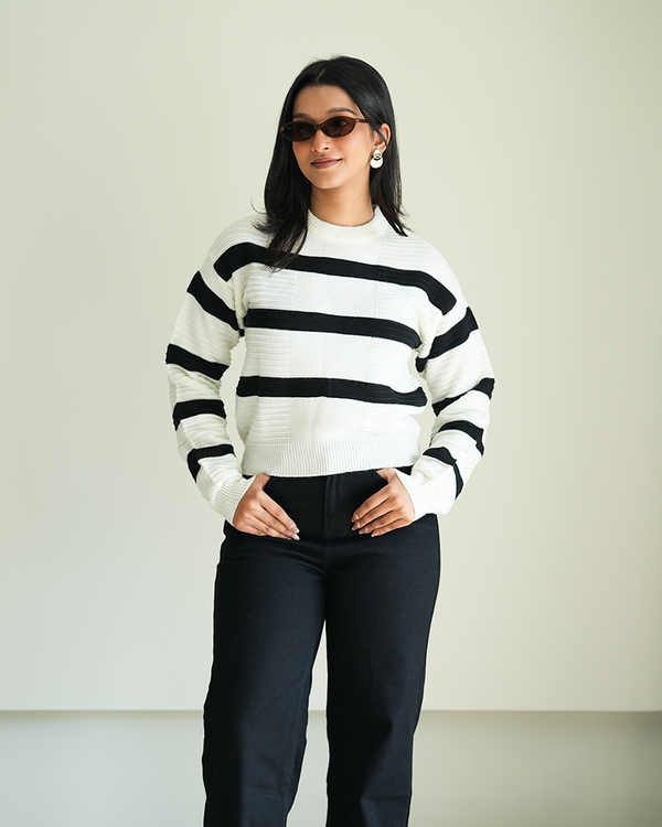 White Self Textured Striped Pullover
