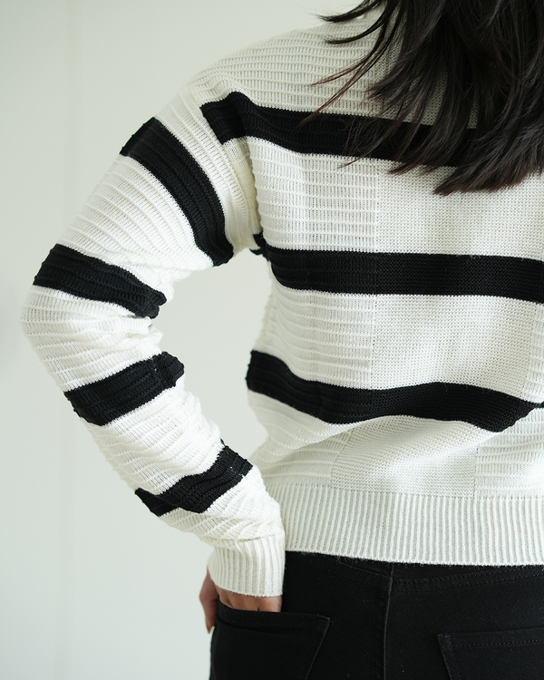 White Self Textured Striped Pullover