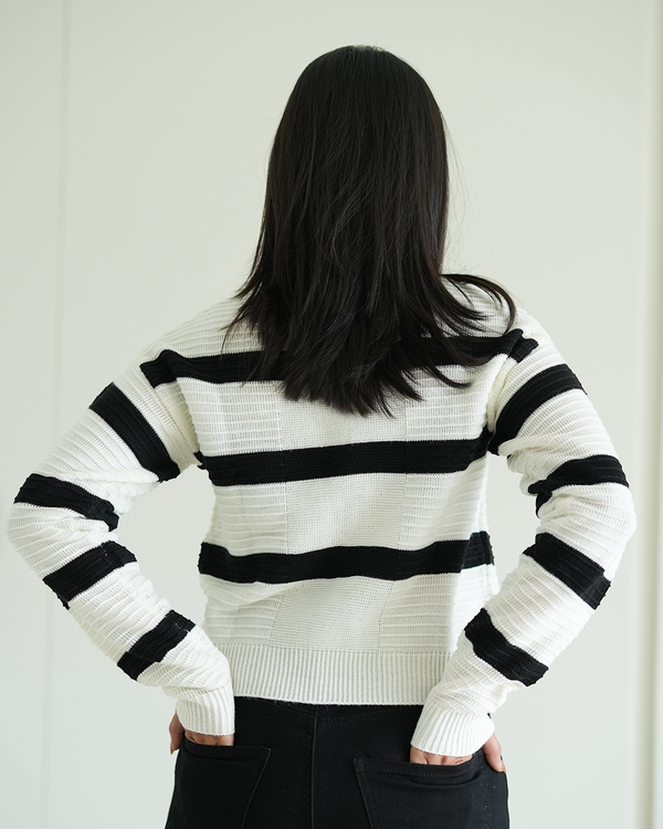 White Self Textured Striped Pullover
