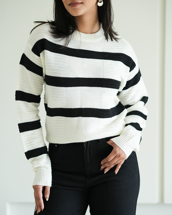 White Self Textured Striped Pullover