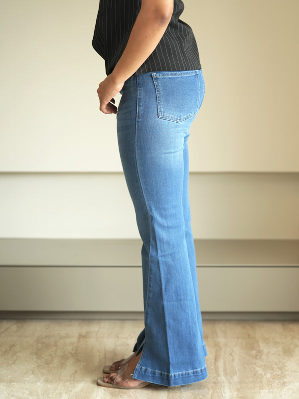 Front Slit Ocean Blue Bootcut Jeans