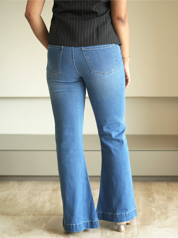 Front Slit Ocean Blue Bootcut Jeans