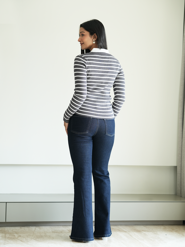 Grey/White Rib-Knit Polo