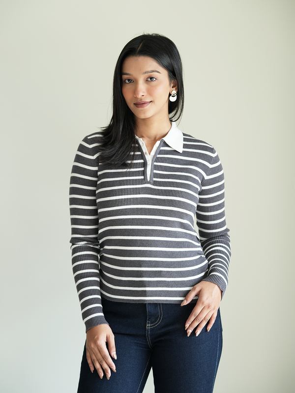 Grey/White Rib-Knit Polo