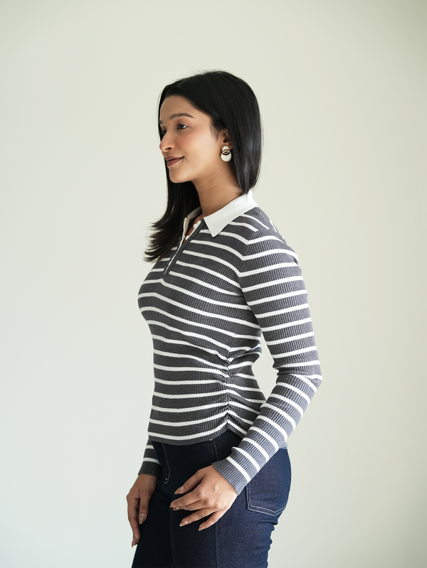 Grey/White Rib-Knit Polo