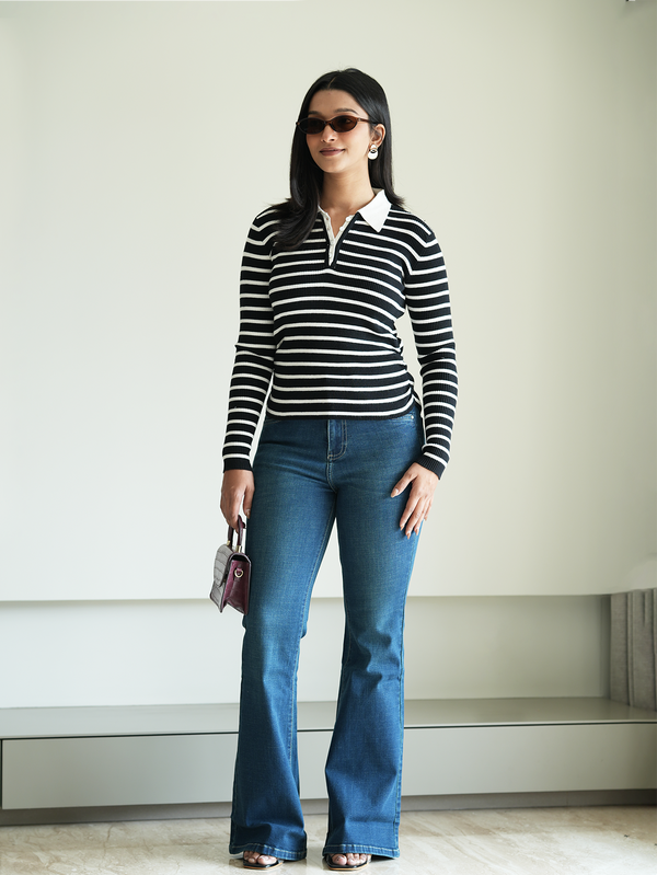 Black/White Rib-Knit Polo