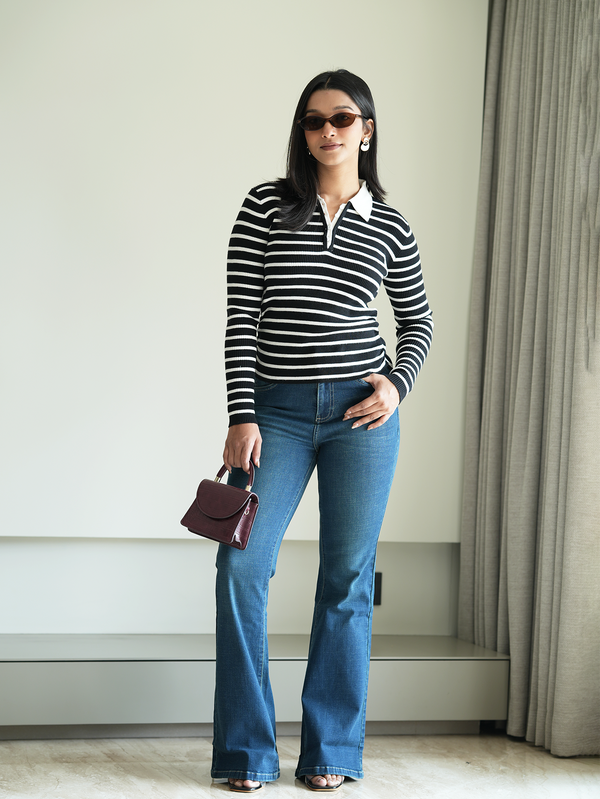 Black/White Rib-Knit Polo