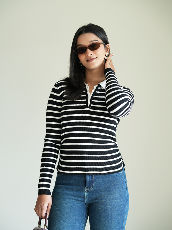 Black/White Rib-Knit Polo