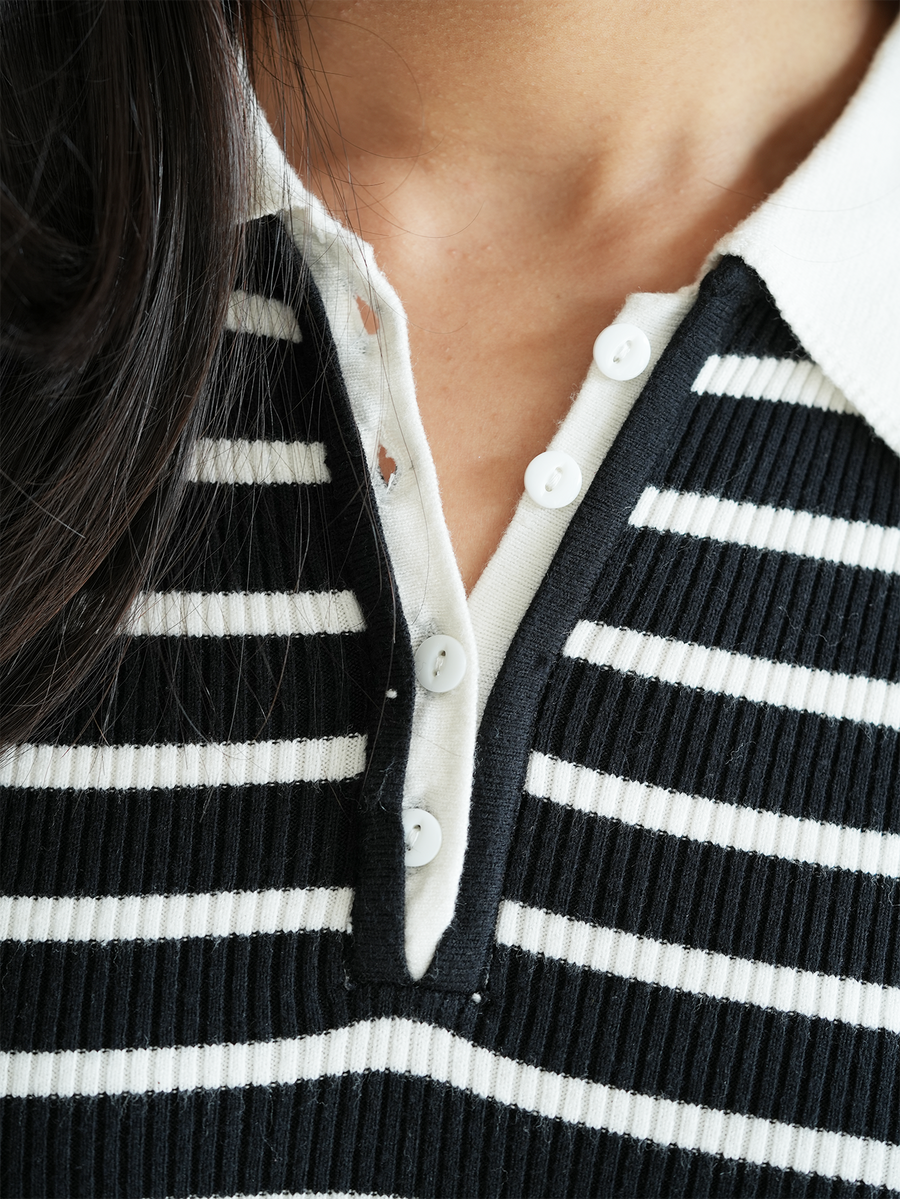Black/White Rib-Knit Polo