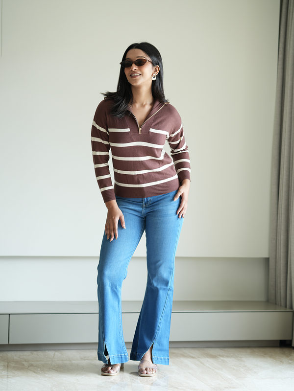 Brown Turtle neck zipper knit Top