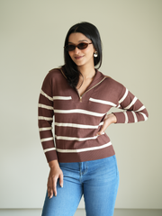 Brown Turtle neck zipper knit Top