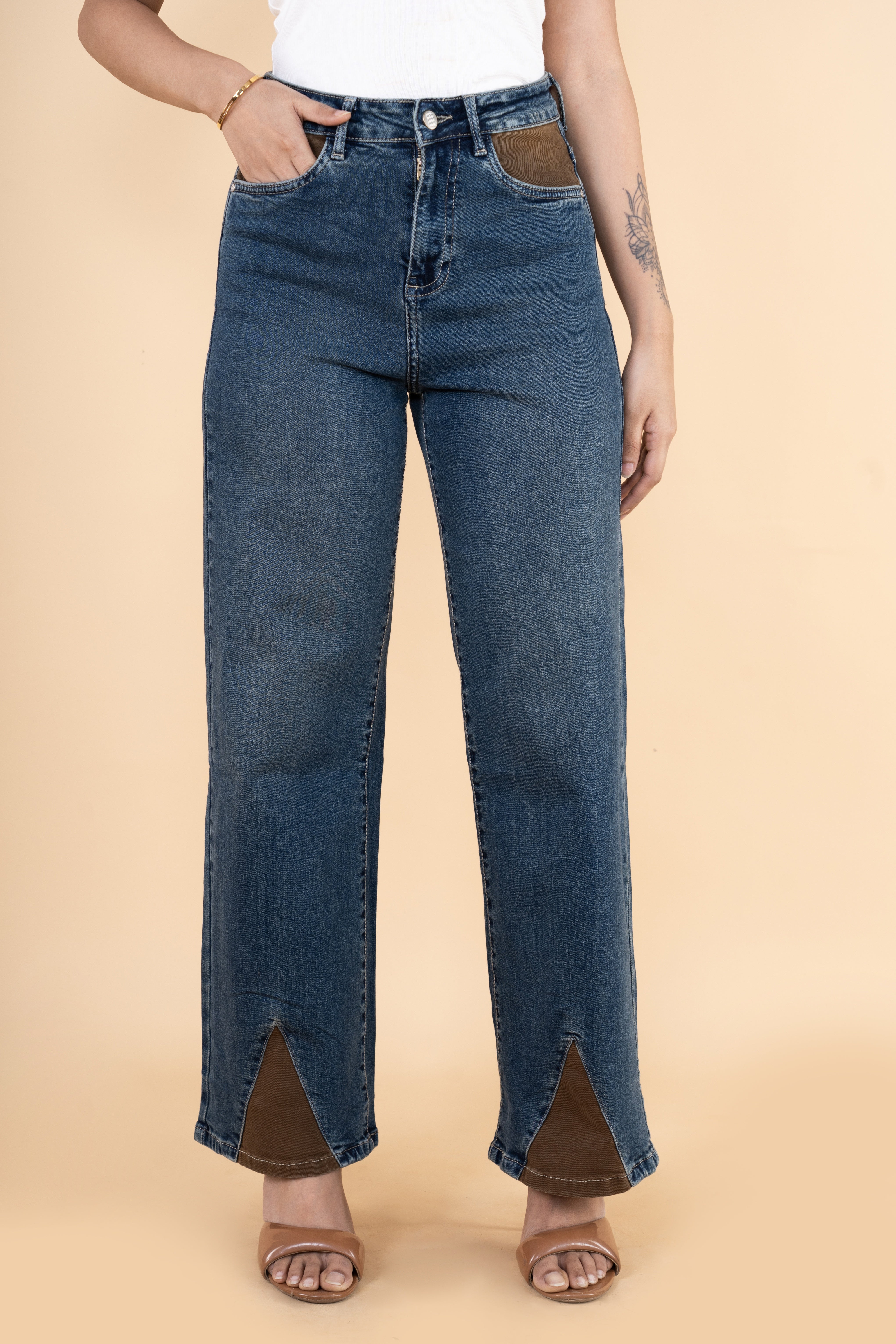 Brown Patched Tinted Wide Leg Jeans