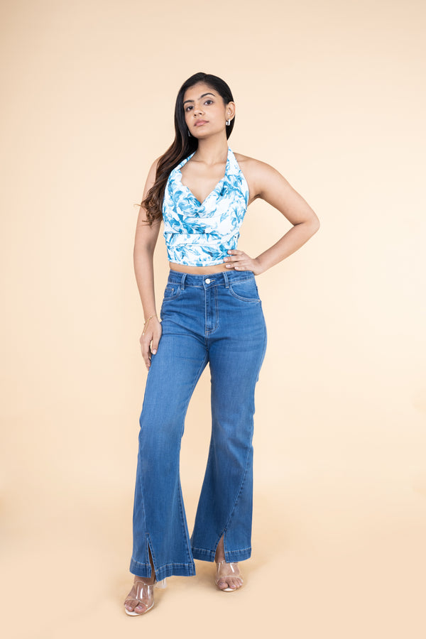 Front Slit Ocean Blue Bootcut Jeans