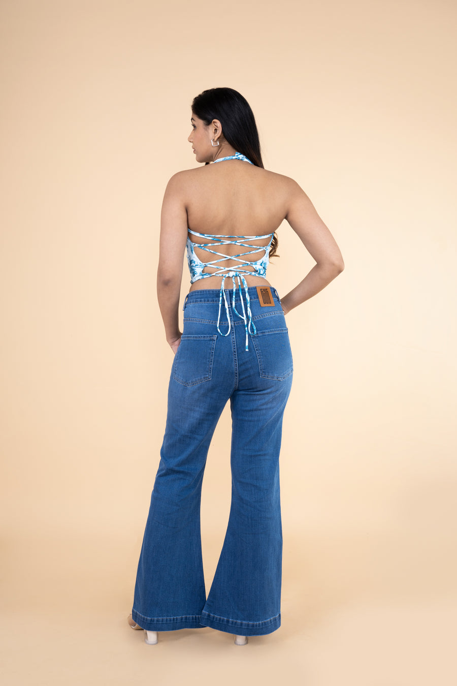 Front Slit Ocean Blue Bootcut Jeans
