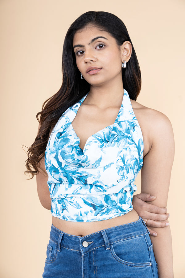 Ocean Blue Backless Halter Neck Top