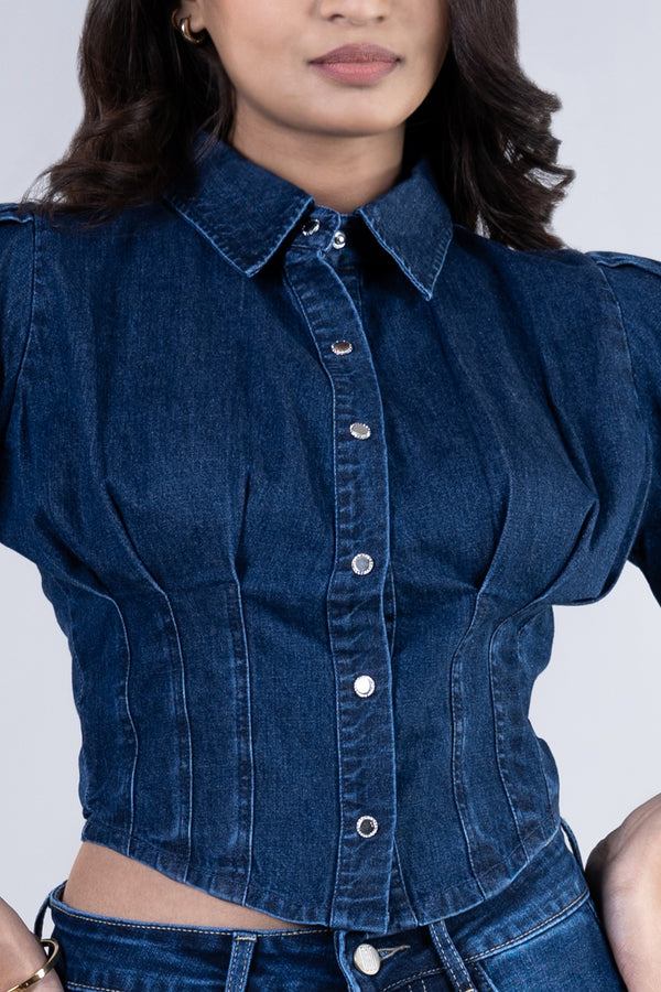 Drama Sleeve Denim Crop Top