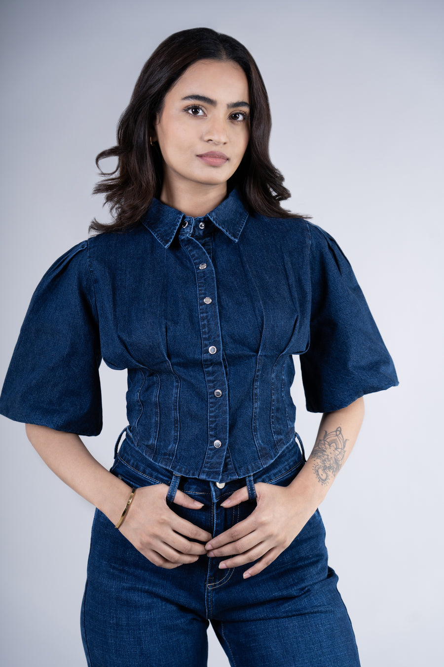 Drama Sleeve Denim Crop Top