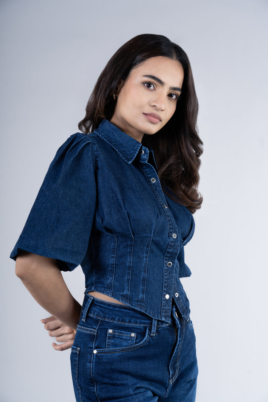 Drama Sleeve Denim Crop Top