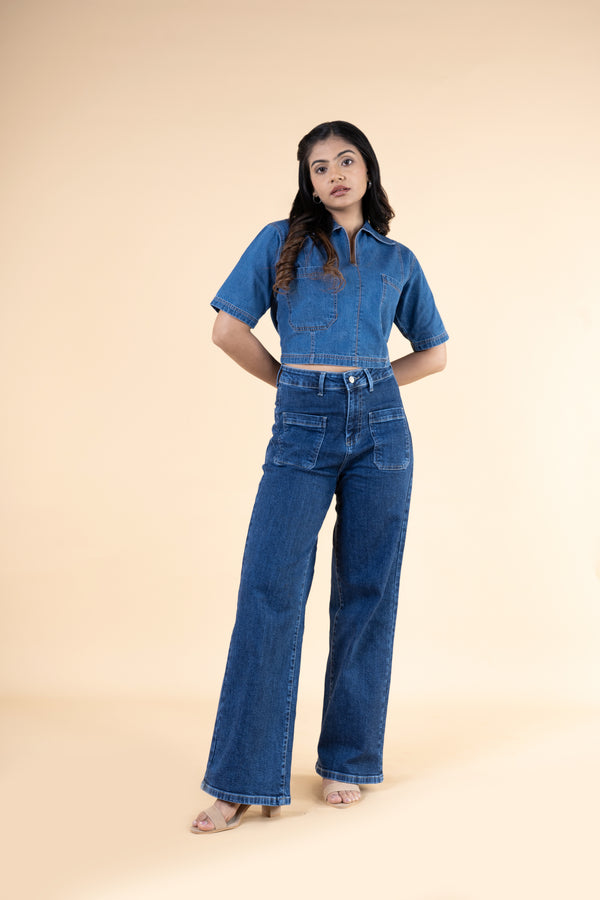 Front Pocket Demin Wide Jeans