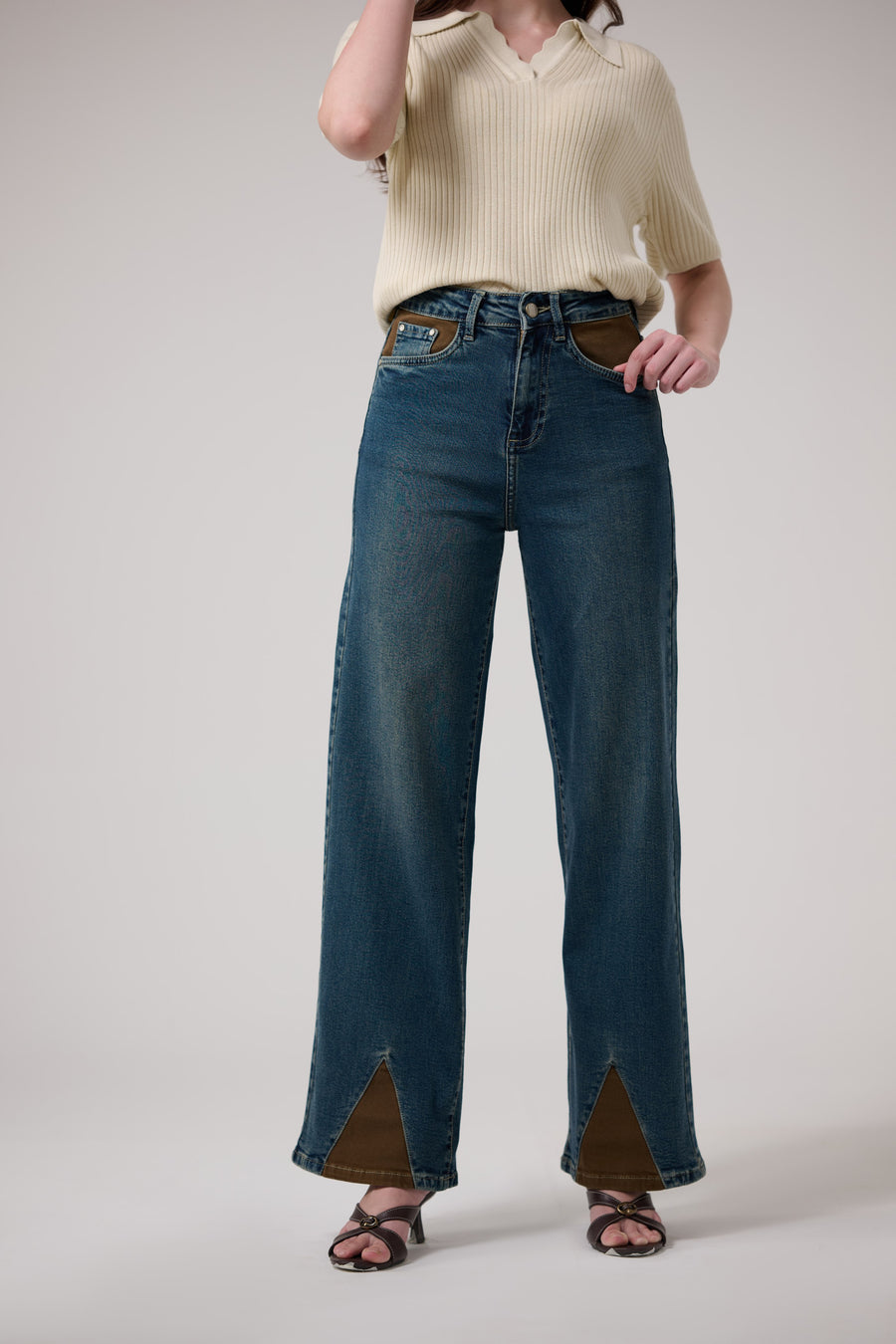 Brown Patch Tinted Wide Leg Jeans