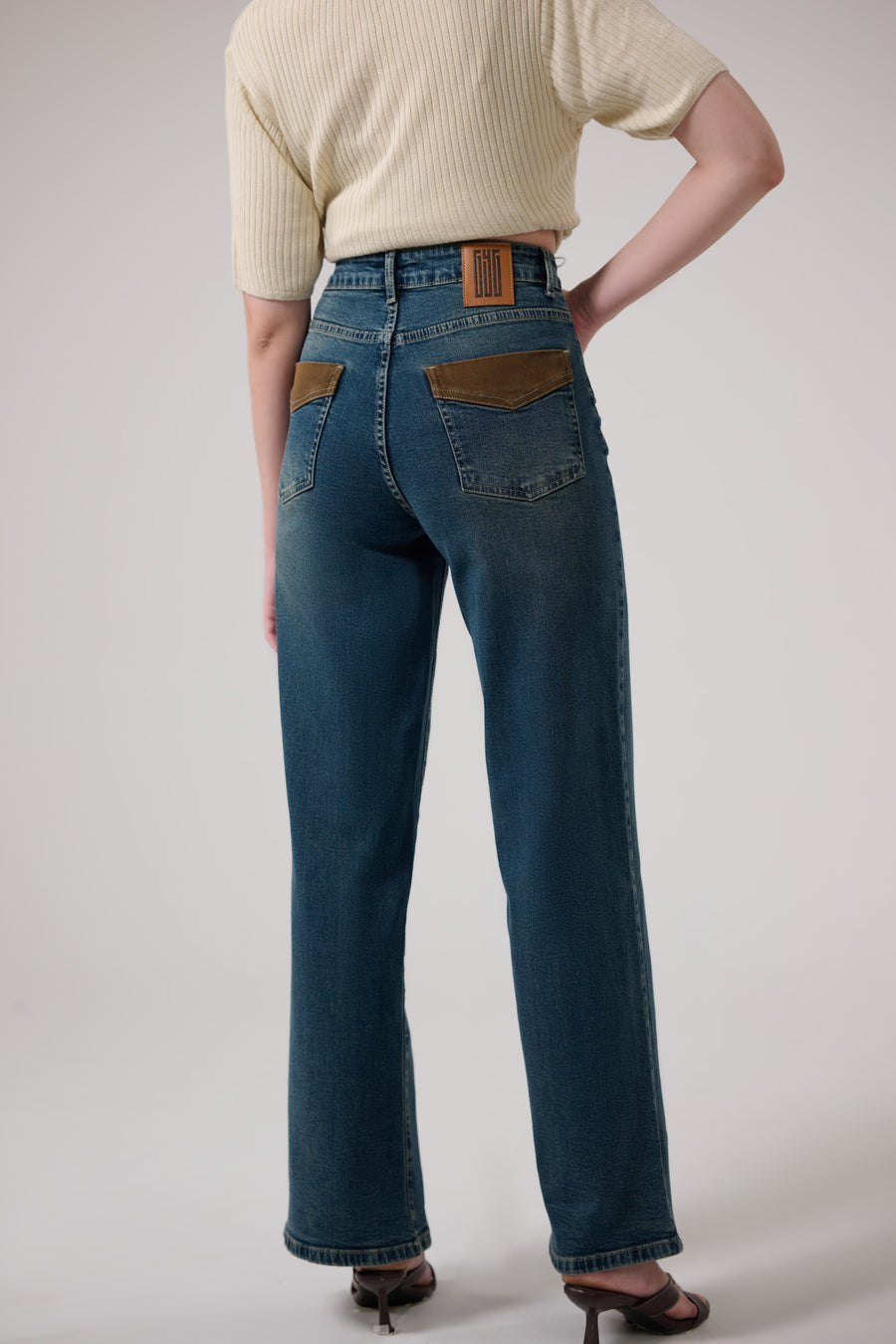 Brown Patch Tinted Wide Leg Jeans