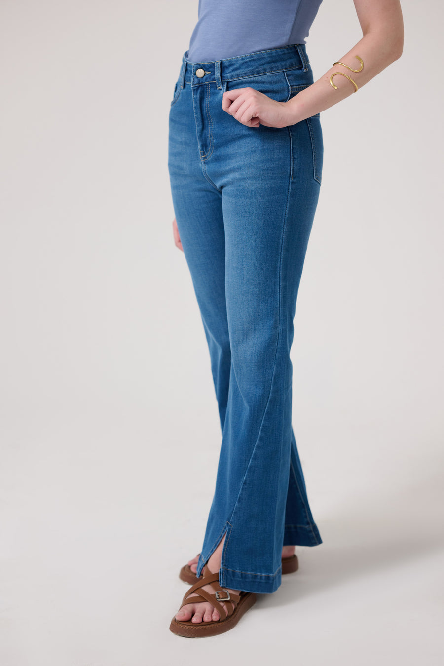 Front Slit Ocean Blue Bootcut Jeans