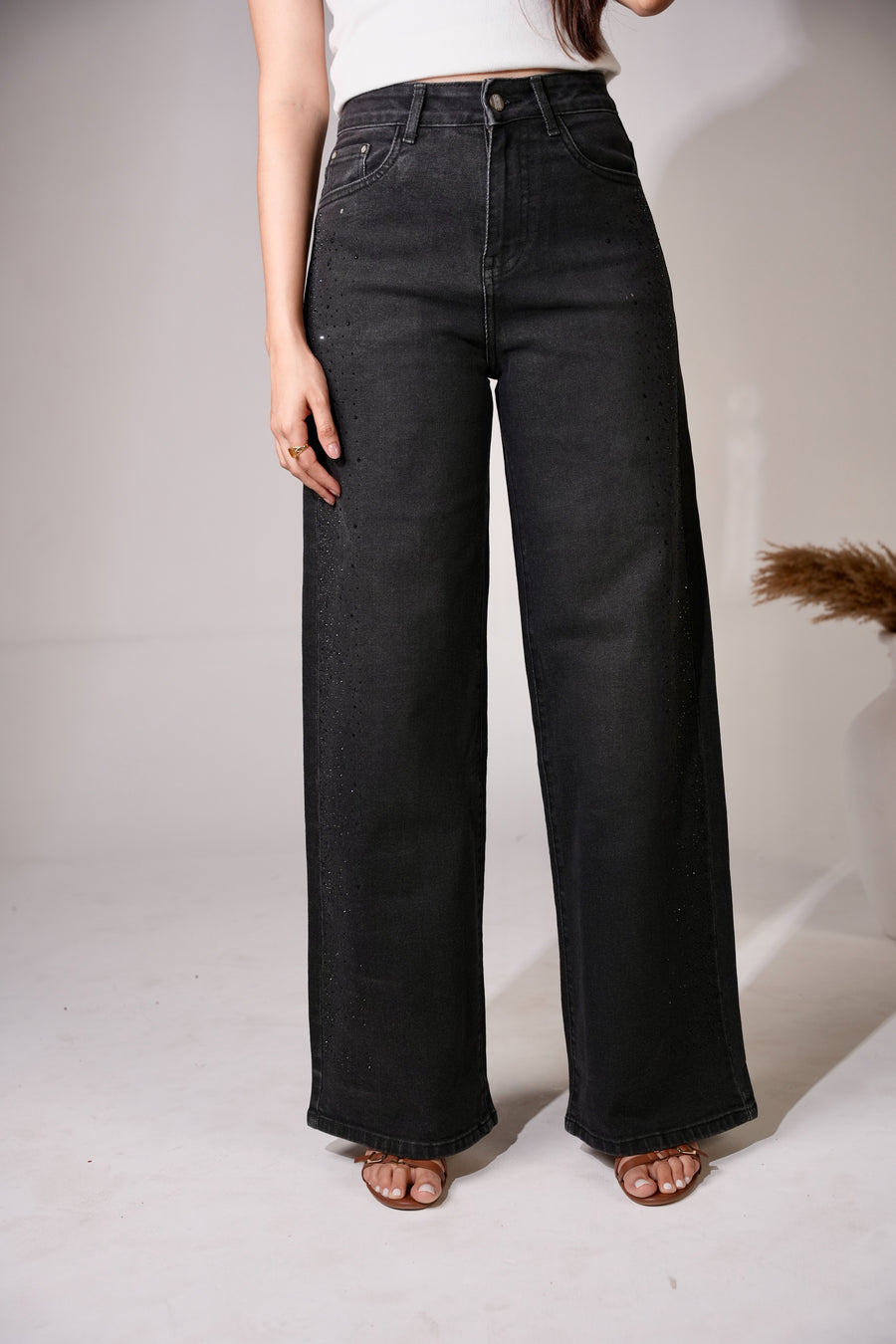 Black Shimmer Wideleg Jeans